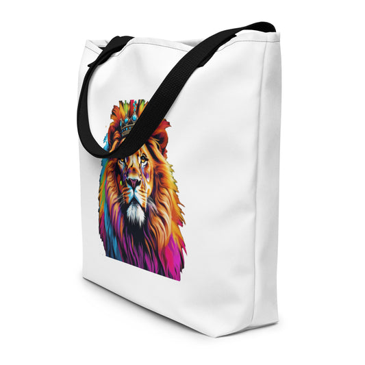 All-Over Print Large Tote Bag - Lion with Colorful Mane and Crown