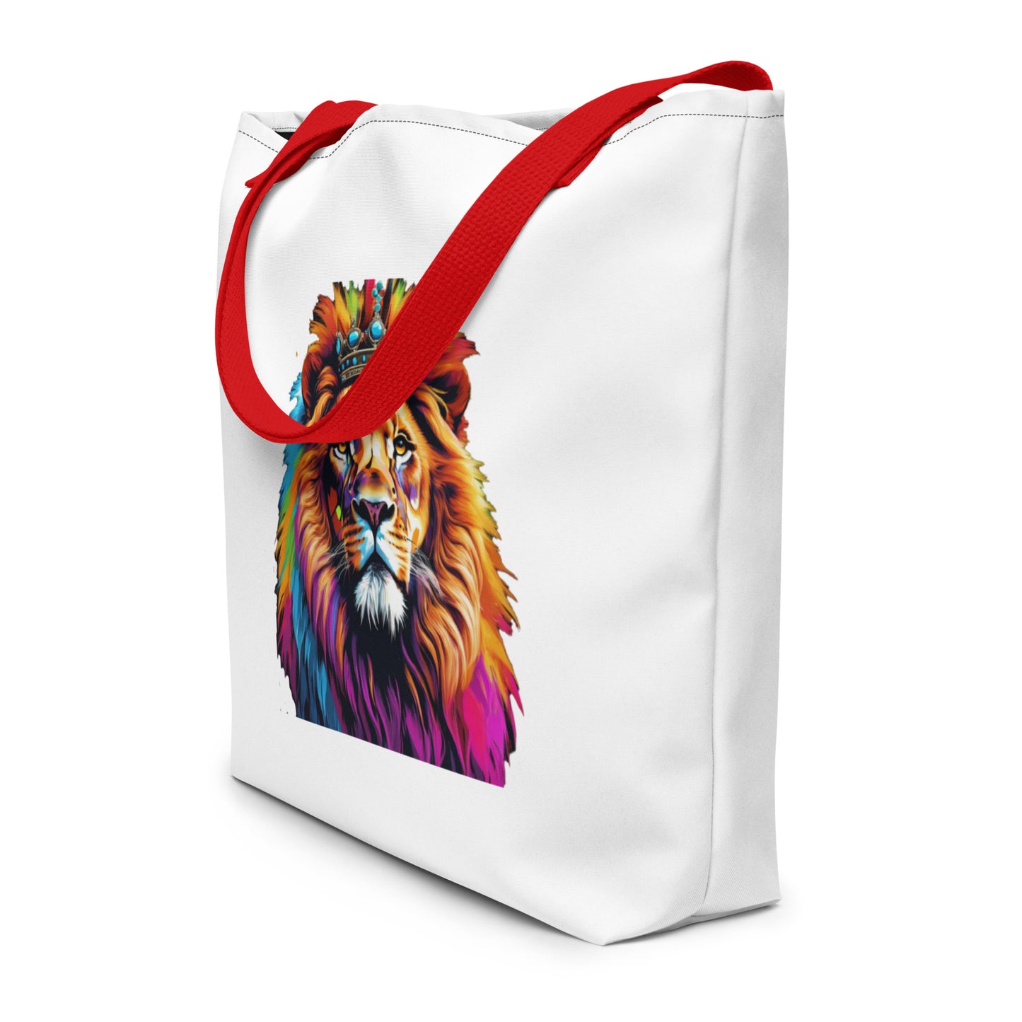 All-Over Print Large Tote Bag - Lion with Colorful Mane and Crown