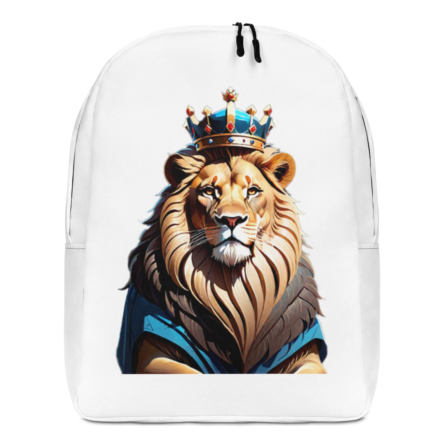 Minimalist Backpack Lion with Blue Attire and Crown