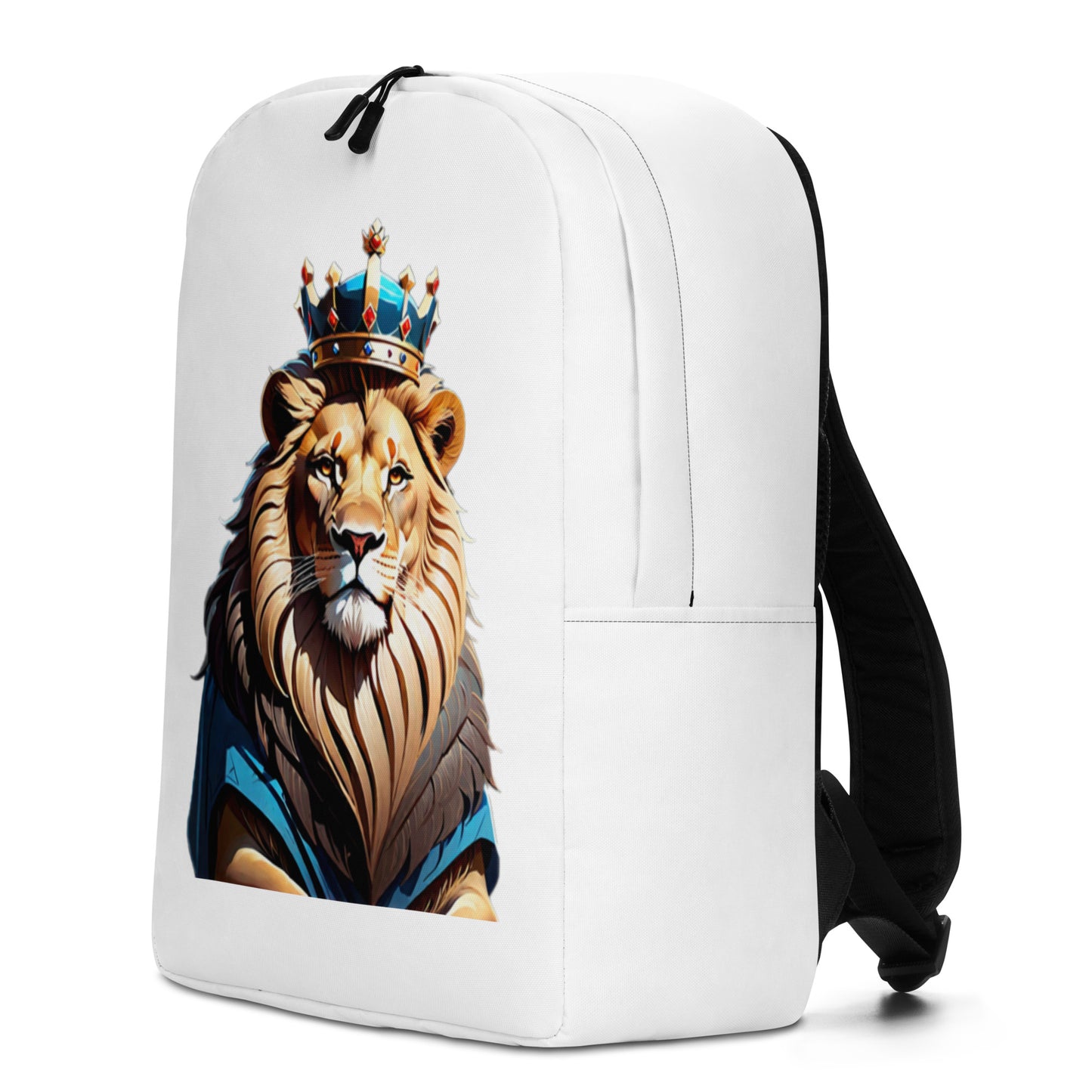 Minimalist Backpack Lion with Blue Attire and Crown