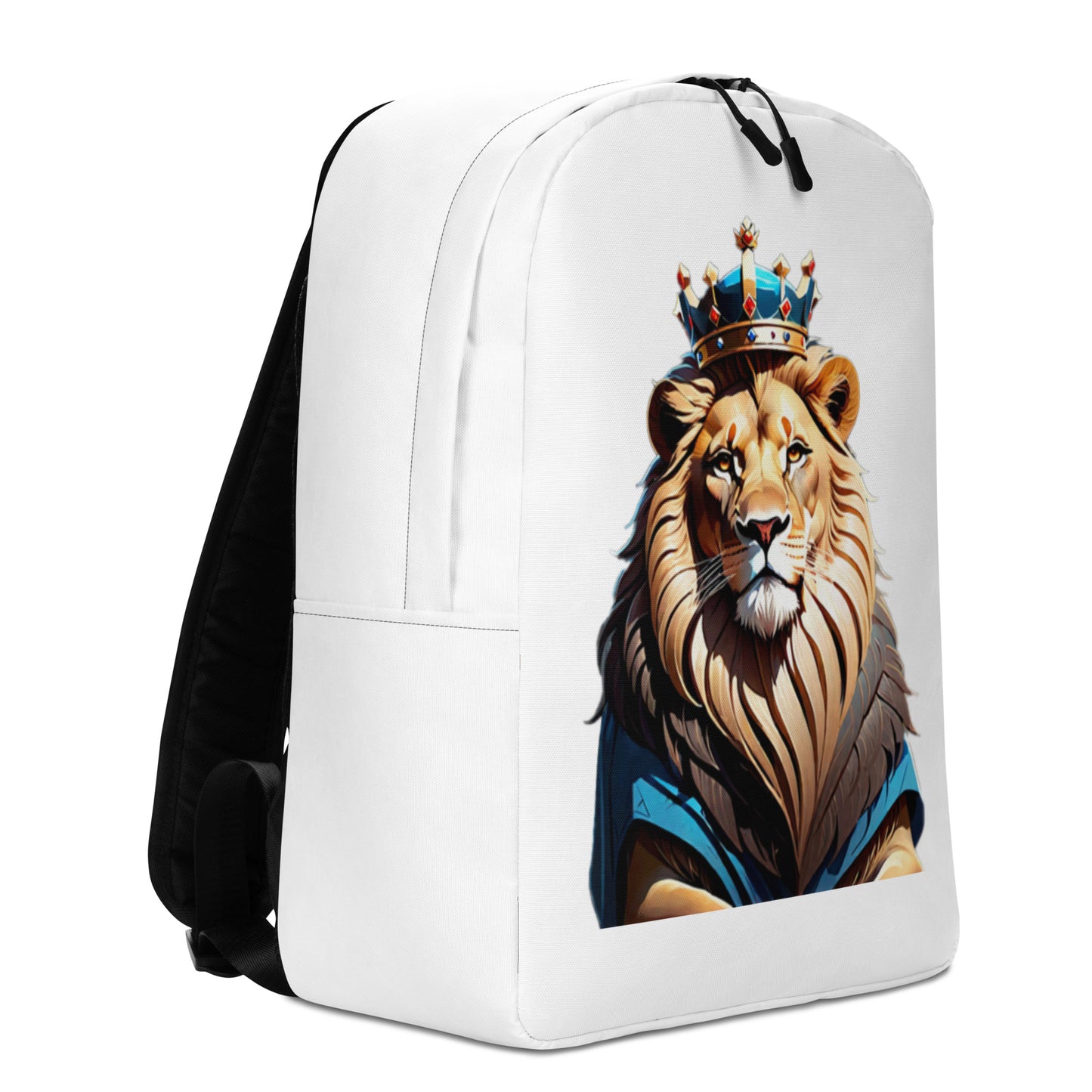 Minimalist Backpack Lion with Blue Attire and Crown