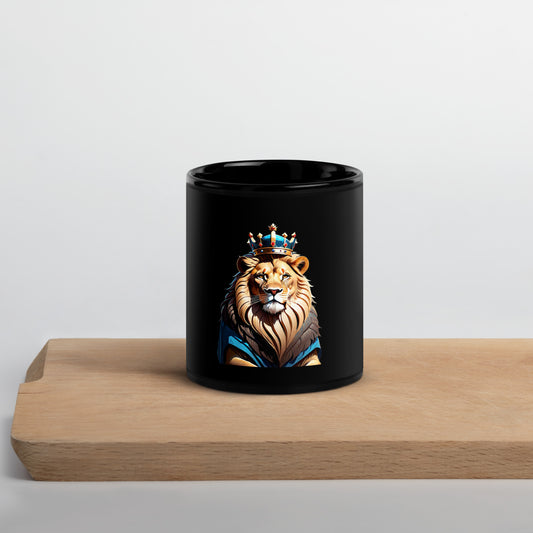 Black Glossy Mug - Lion with Blue Attire and Crown