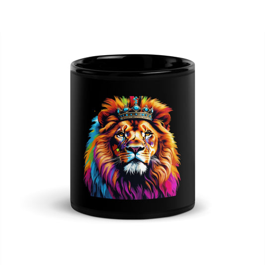 Black Glossy Mug - Lion with Colorful Mane and Crown