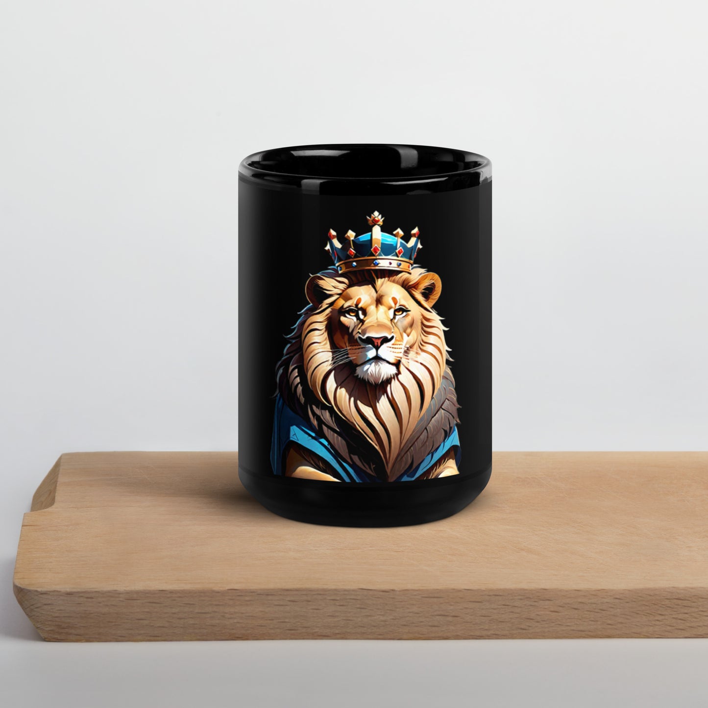 Black Glossy Mug - Lion with Blue Attire and Crown