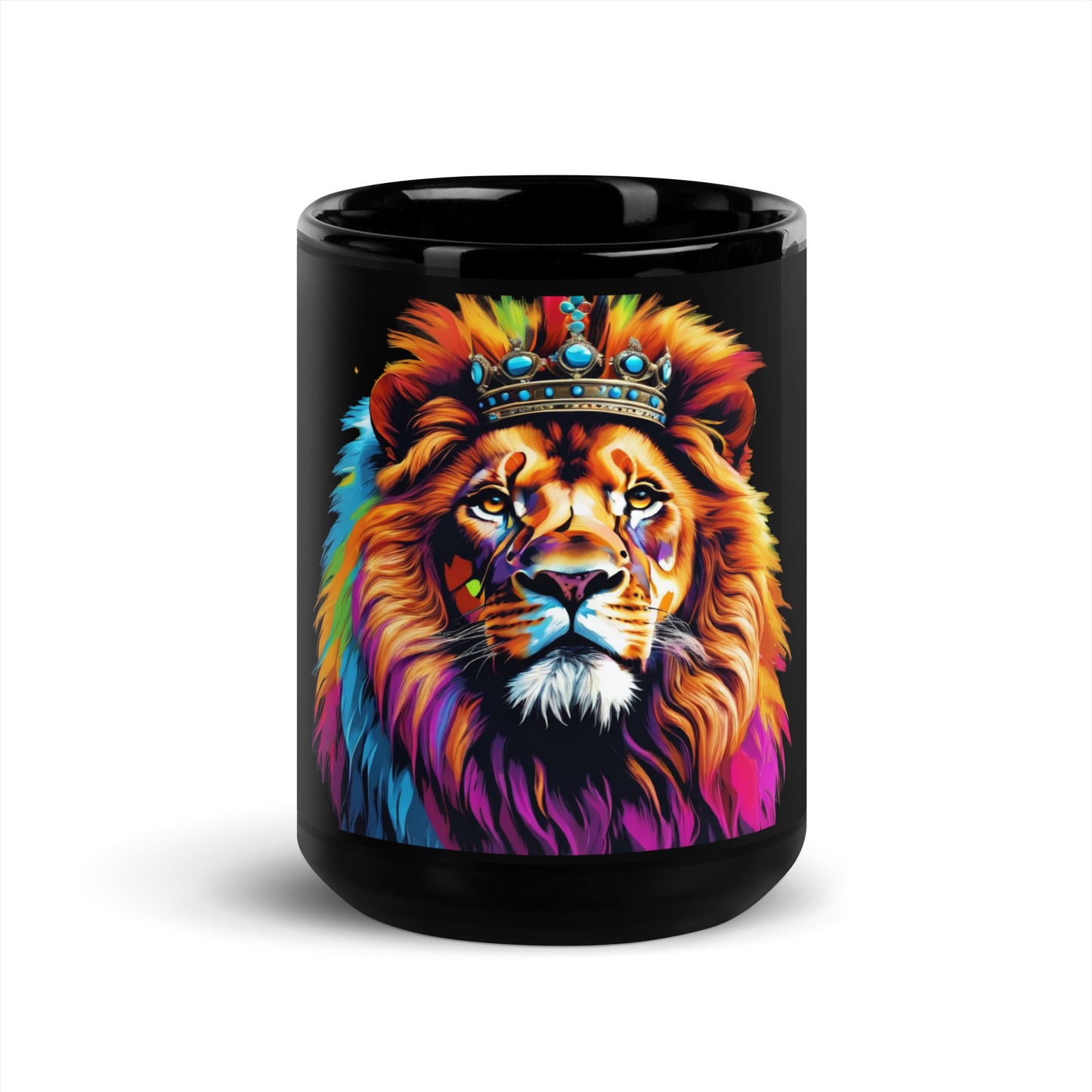 Black Glossy Mug - Lion with Colorful Mane and Crown