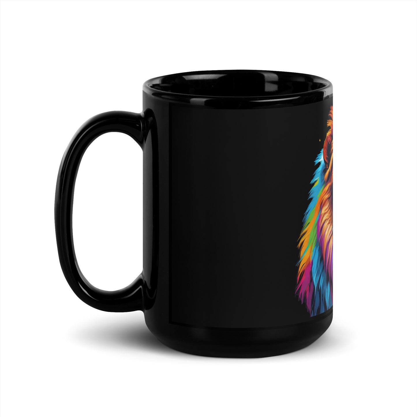 Black Glossy Mug - Lion with Colorful Mane and Crown