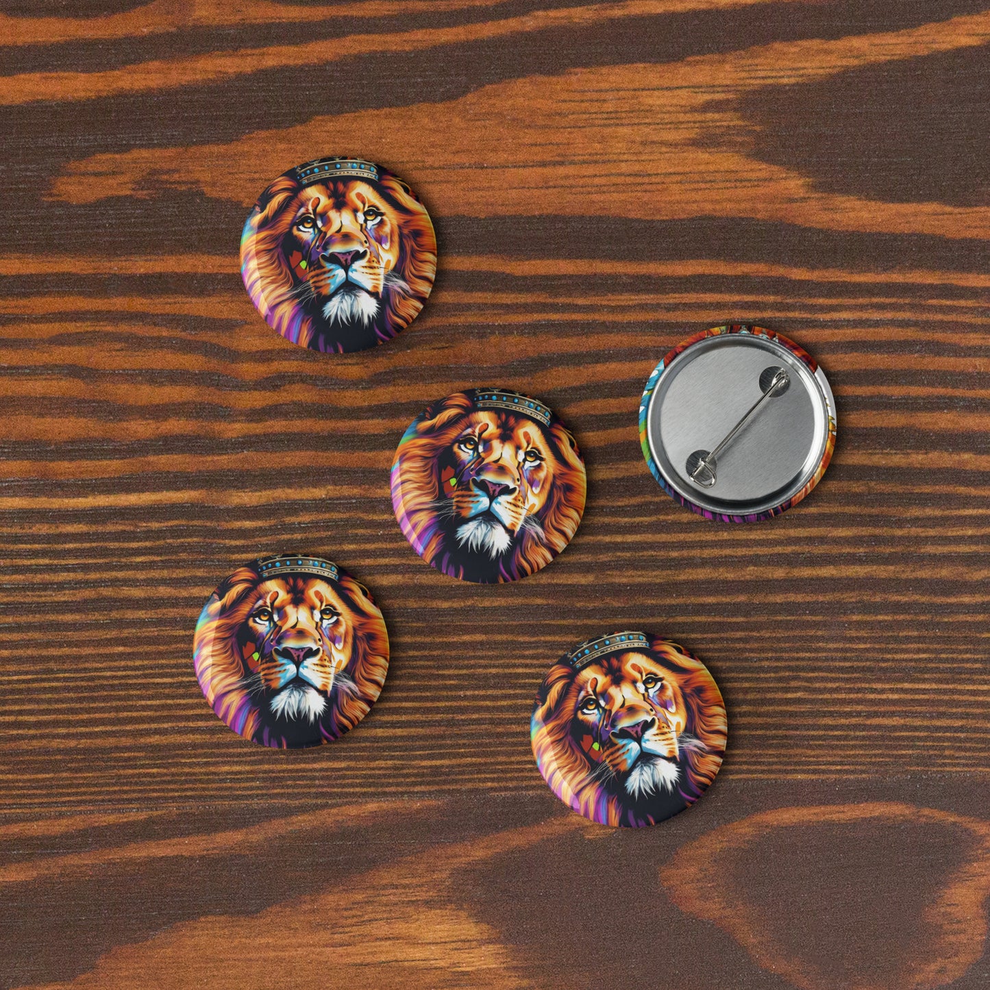 Set of pin buttons - Lion with Colorful Mane and Crown