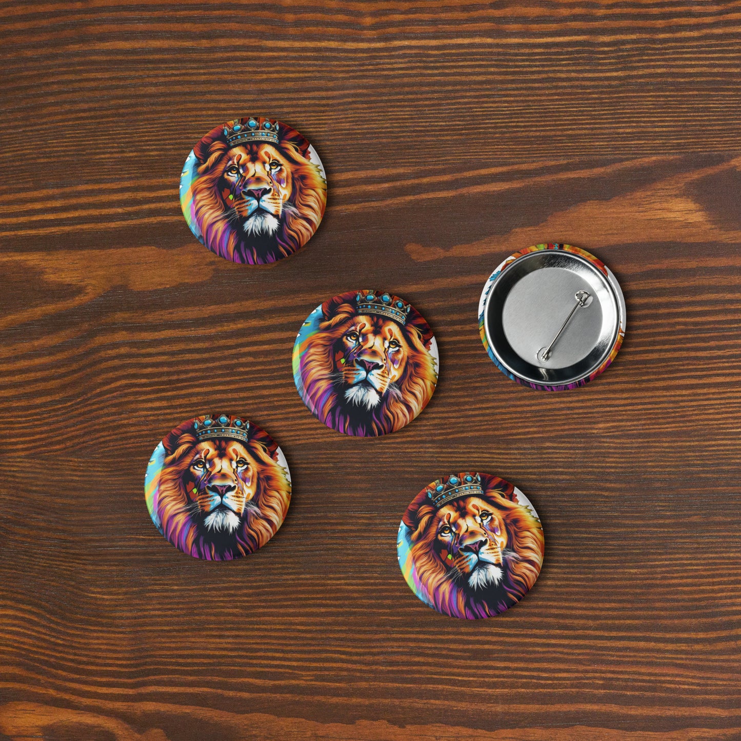 Set of pin buttons - Lion with Colorful Mane and Crown