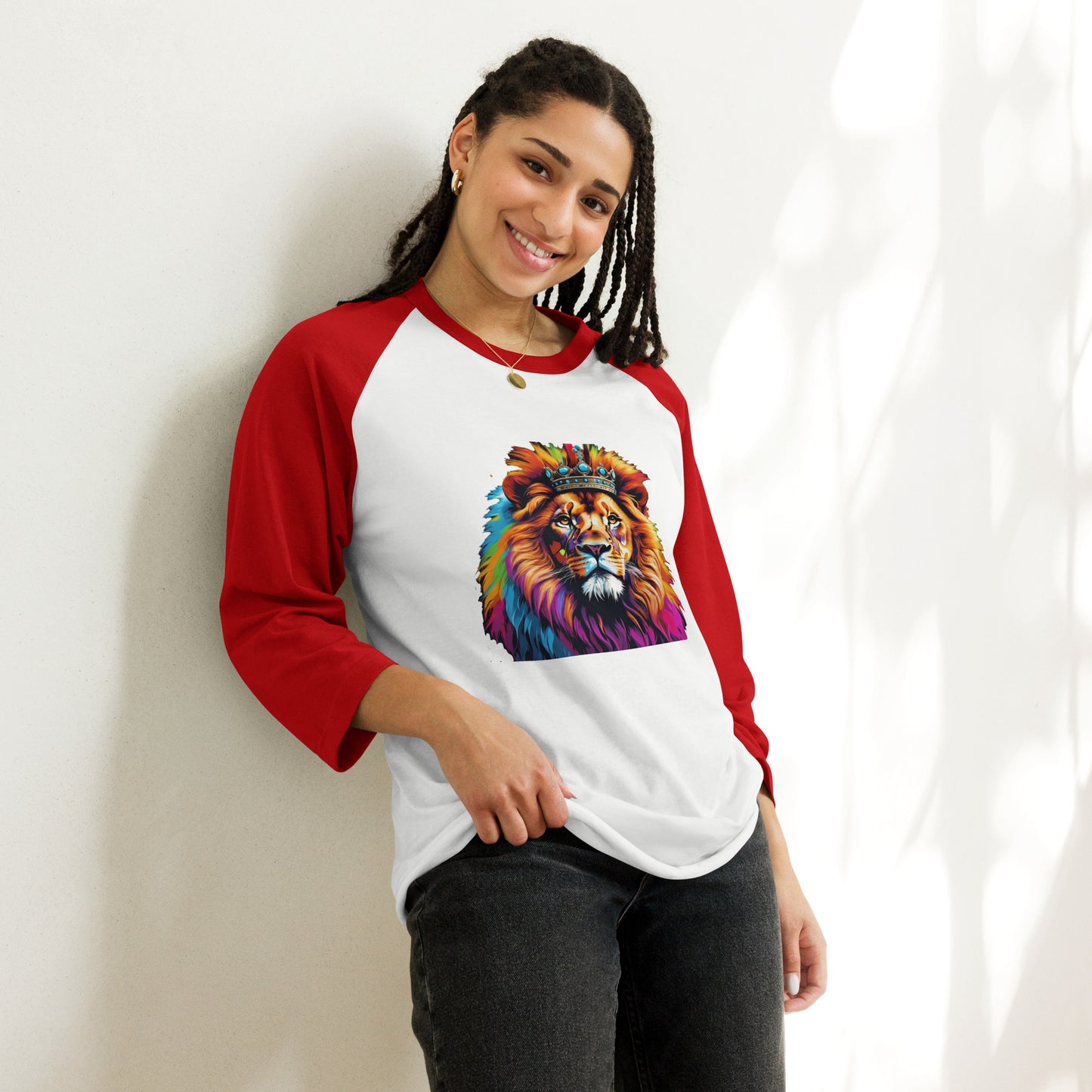 3/4 sleeve raglan shirt - Lion with Colorful Mane and Crown