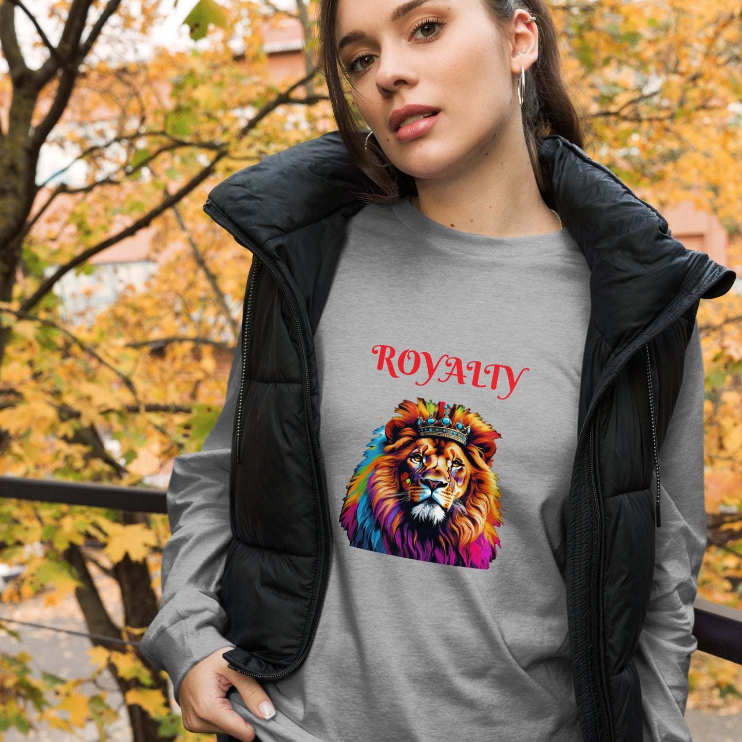 Unisex Long Sleeve Tee - "ROYALTY" Lion with Colorful Mane and Crown