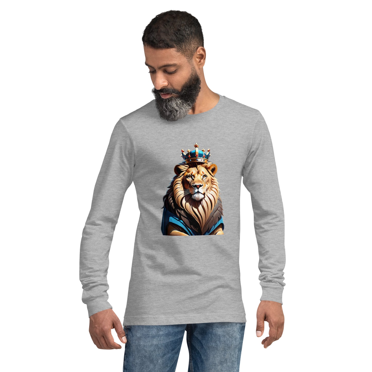 Unisex Long Sleeve Tee - Lion with Blue Attire and Crown