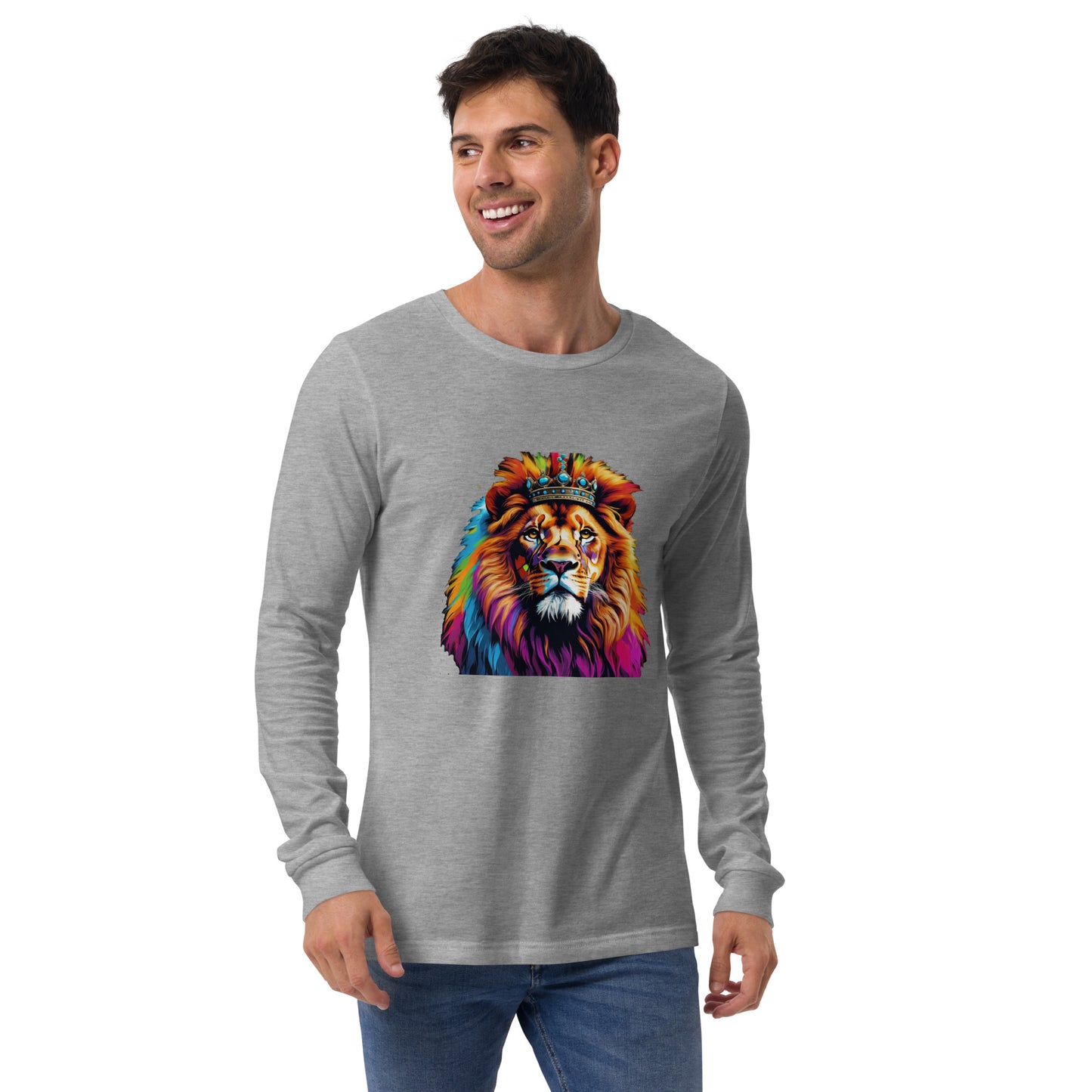 Unisex Long Sleeve Tee - Lion with Colorful Mane and Crown