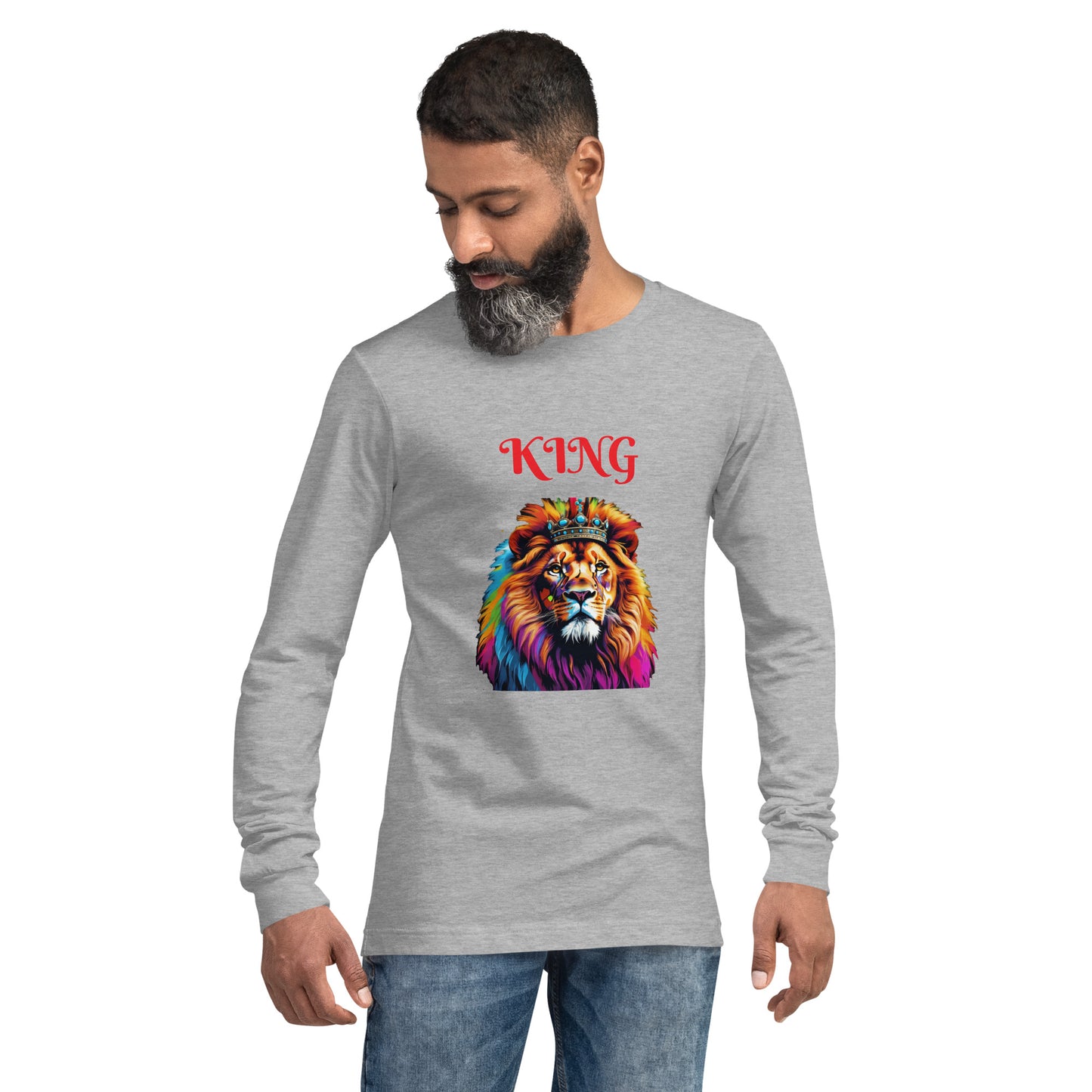 Unisex Long Sleeve Tee - "KING" Lion with Colorful Mane and Crown