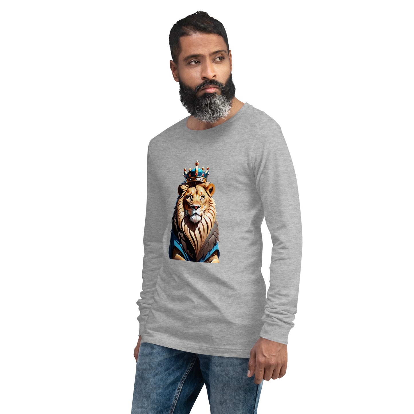 Unisex Long Sleeve Tee - Lion with Blue Attire and Crown