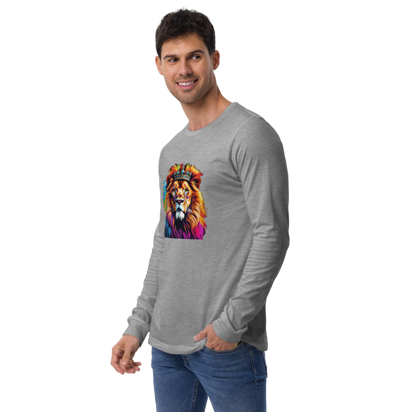 Unisex Long Sleeve Tee - Lion with Colorful Mane and Crown