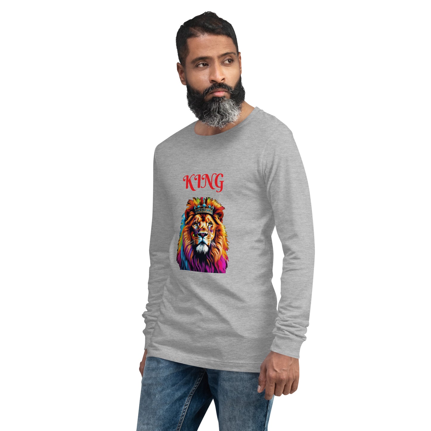 Unisex Long Sleeve Tee - "KING" Lion with Colorful Mane and Crown