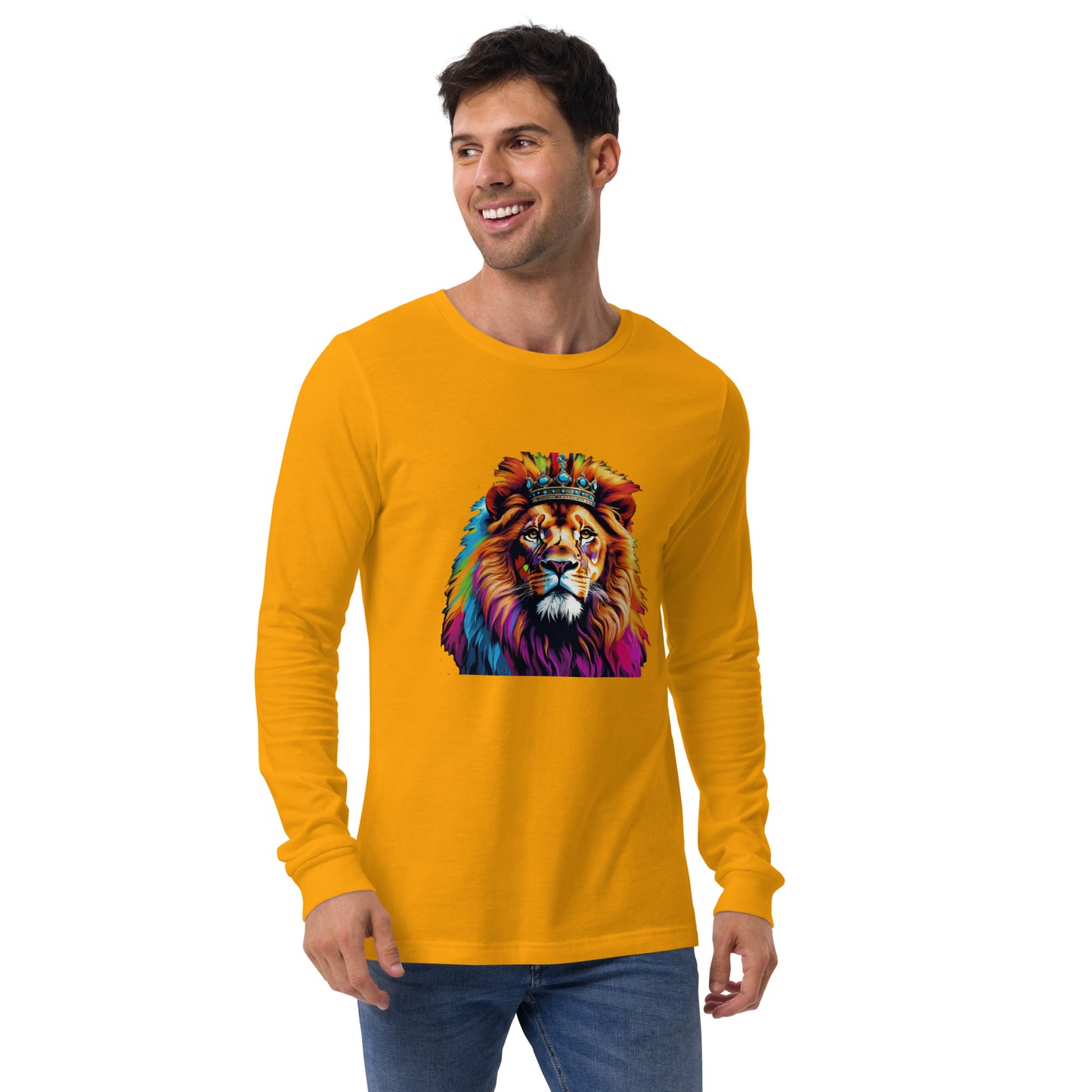 Unisex Long Sleeve Tee - Lion with Colorful Mane and Crown