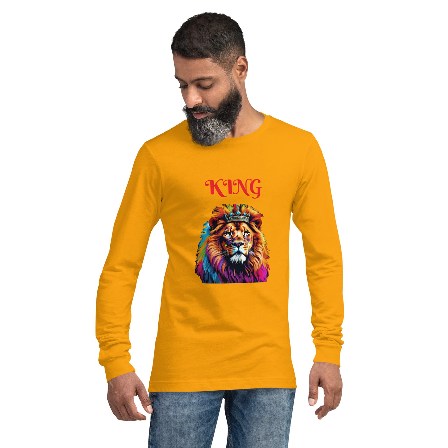 Unisex Long Sleeve Tee - "KING" Lion with Colorful Mane and Crown