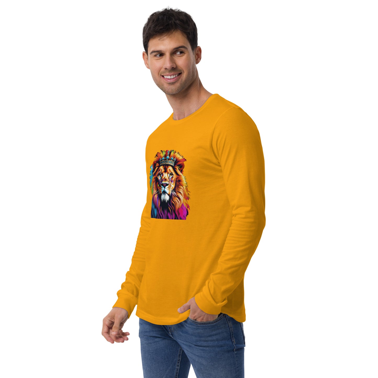 Unisex Long Sleeve Tee - Lion with Colorful Mane and Crown