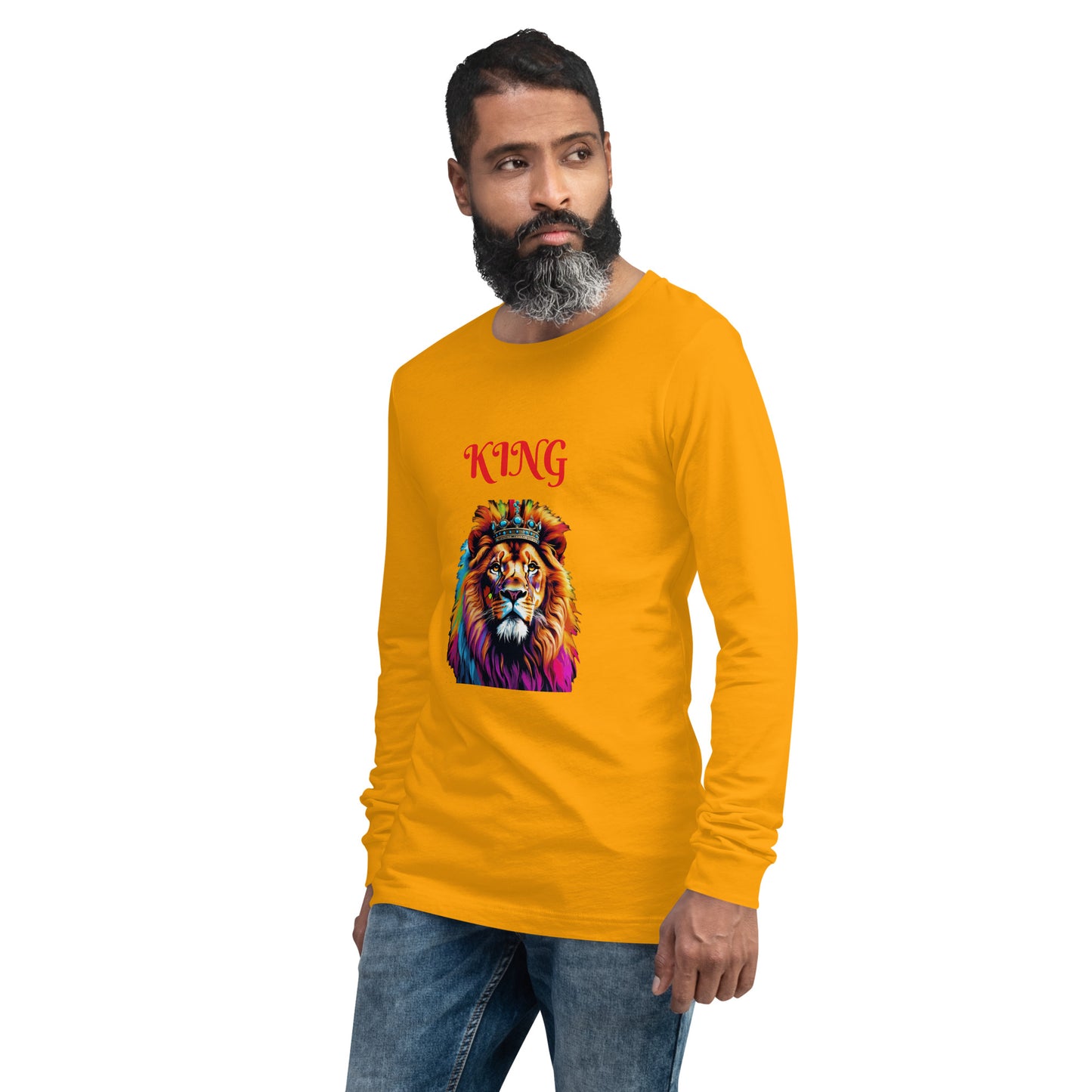 Unisex Long Sleeve Tee - "KING" Lion with Colorful Mane and Crown