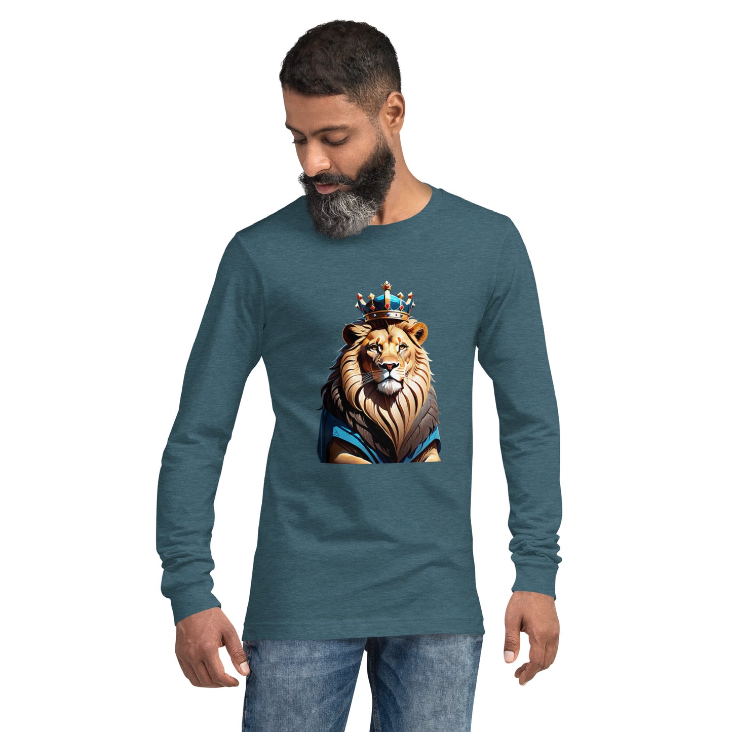 Unisex Long Sleeve Tee - Lion with Blue Attire and Crown