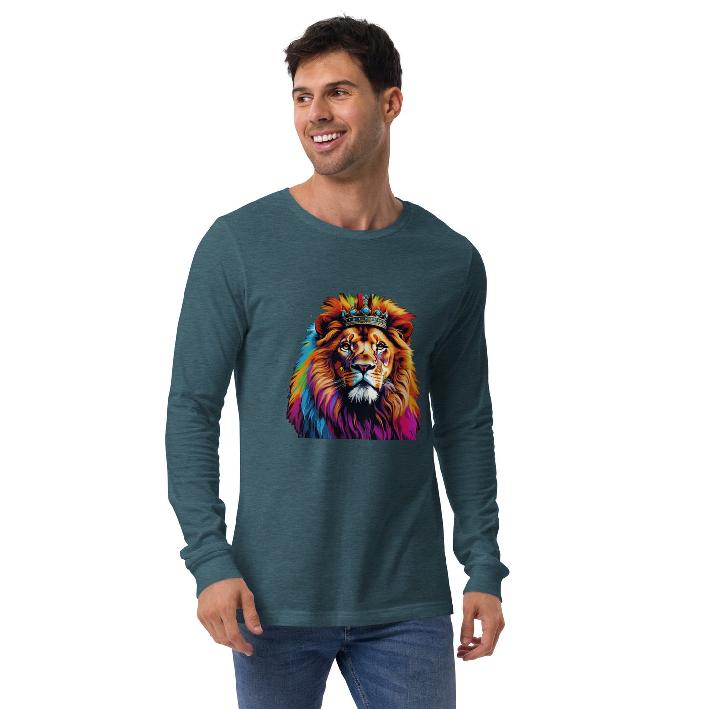 Unisex Long Sleeve Tee - Lion with Colorful Mane and Crown