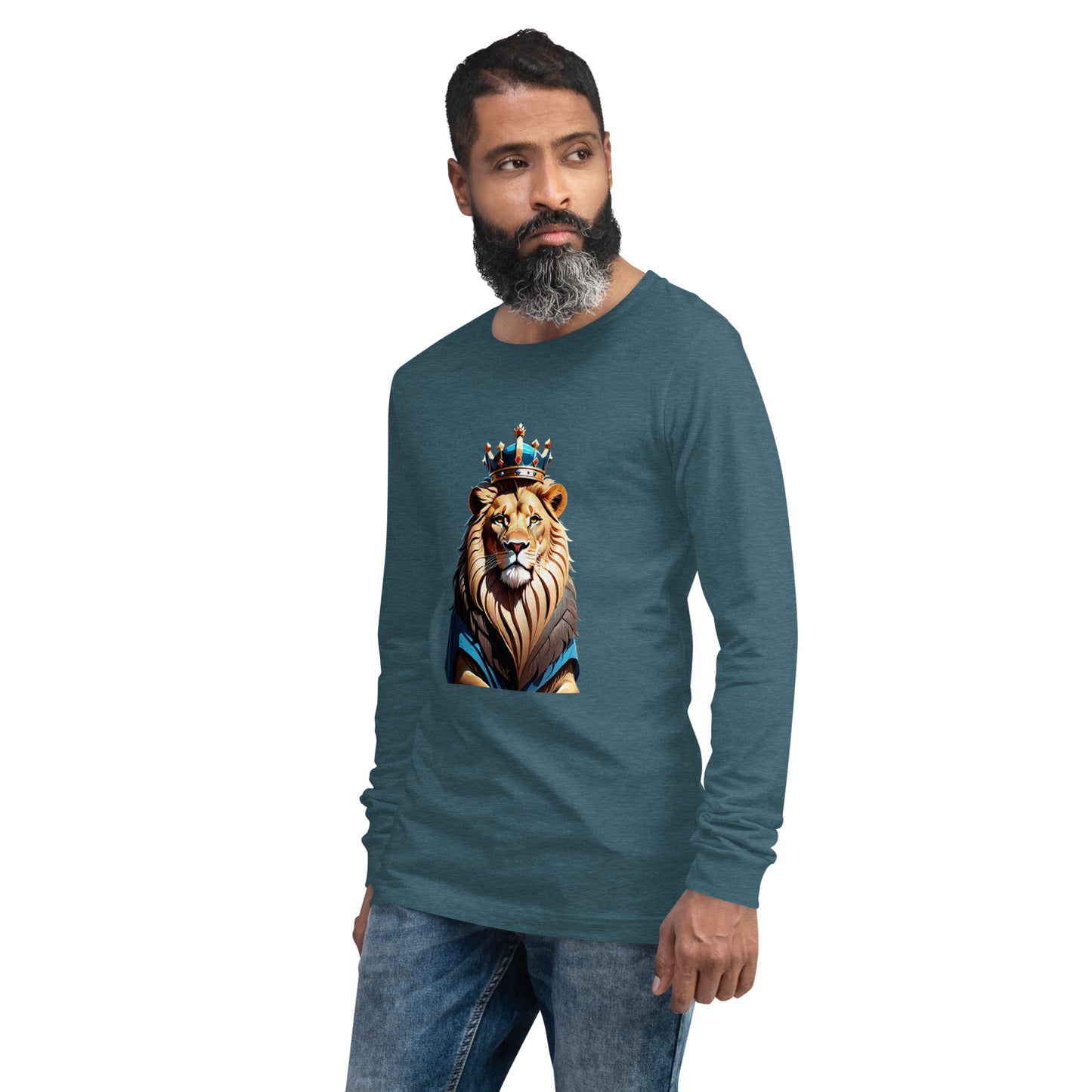 Unisex Long Sleeve Tee - Lion with Blue Attire and Crown