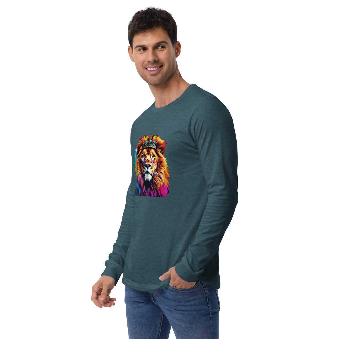 Unisex Long Sleeve Tee - Lion with Colorful Mane and Crown