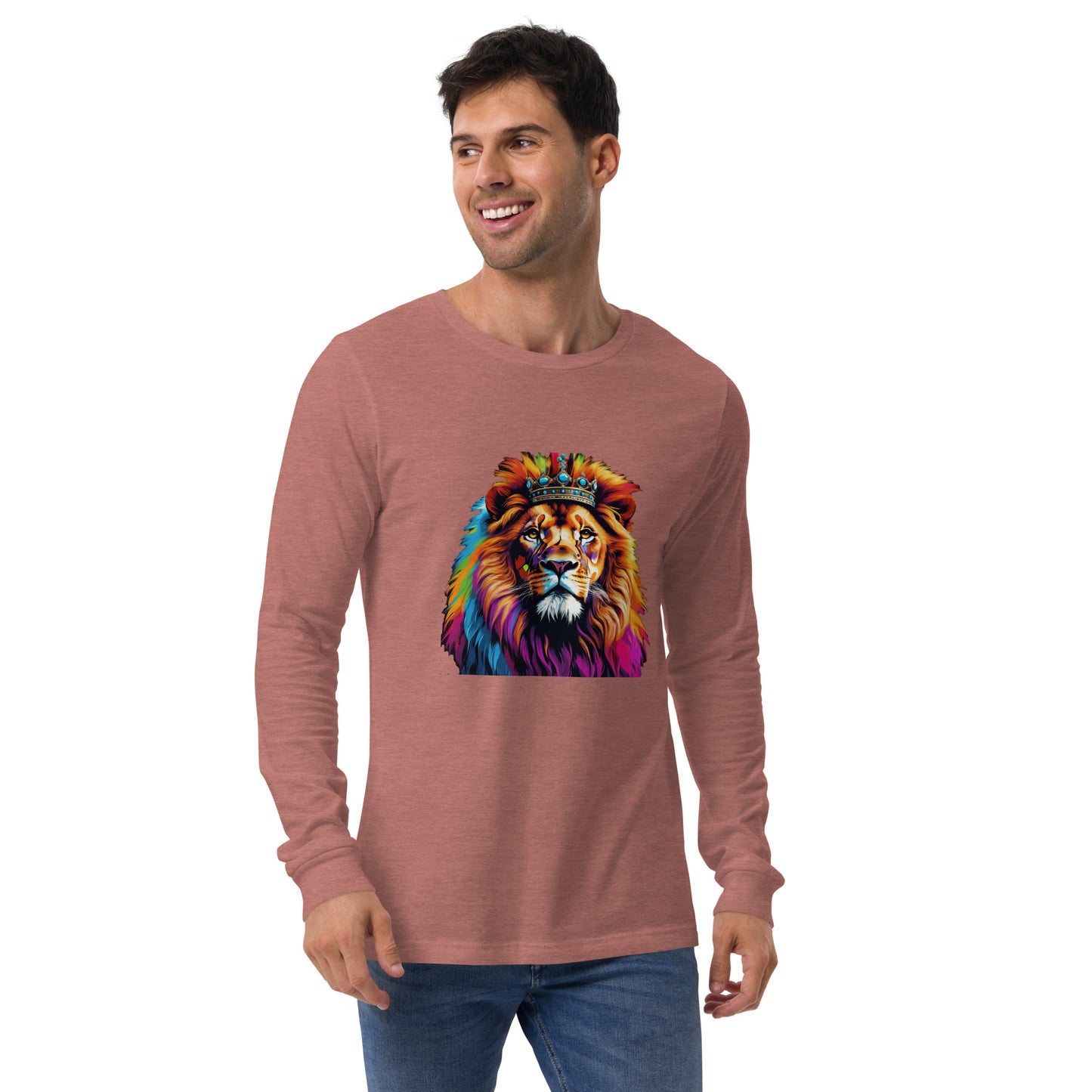 Unisex Long Sleeve Tee - Lion with Colorful Mane and Crown