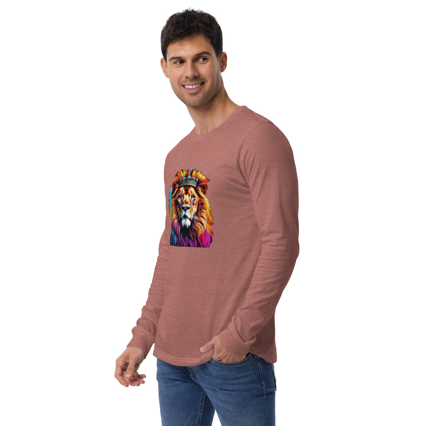 Unisex Long Sleeve Tee - Lion with Colorful Mane and Crown