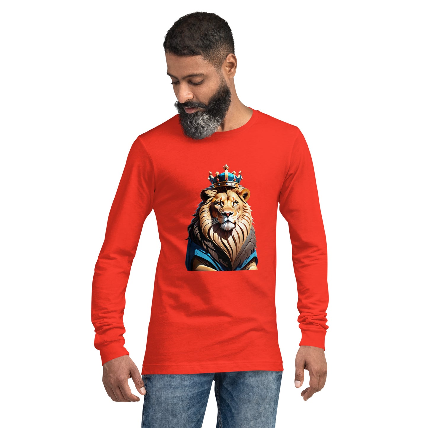 Unisex Long Sleeve Tee - Lion with Blue Attire and Crown