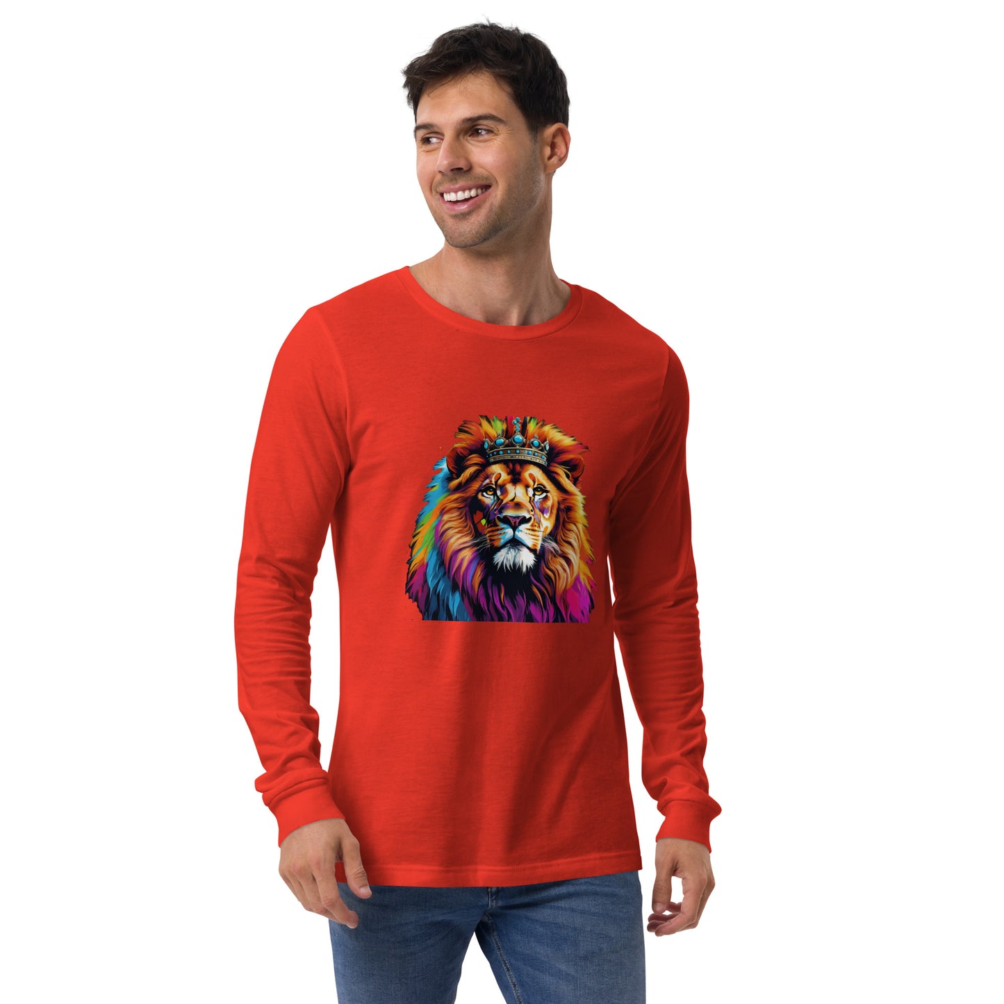 Unisex Long Sleeve Tee - Lion with Colorful Mane and Crown