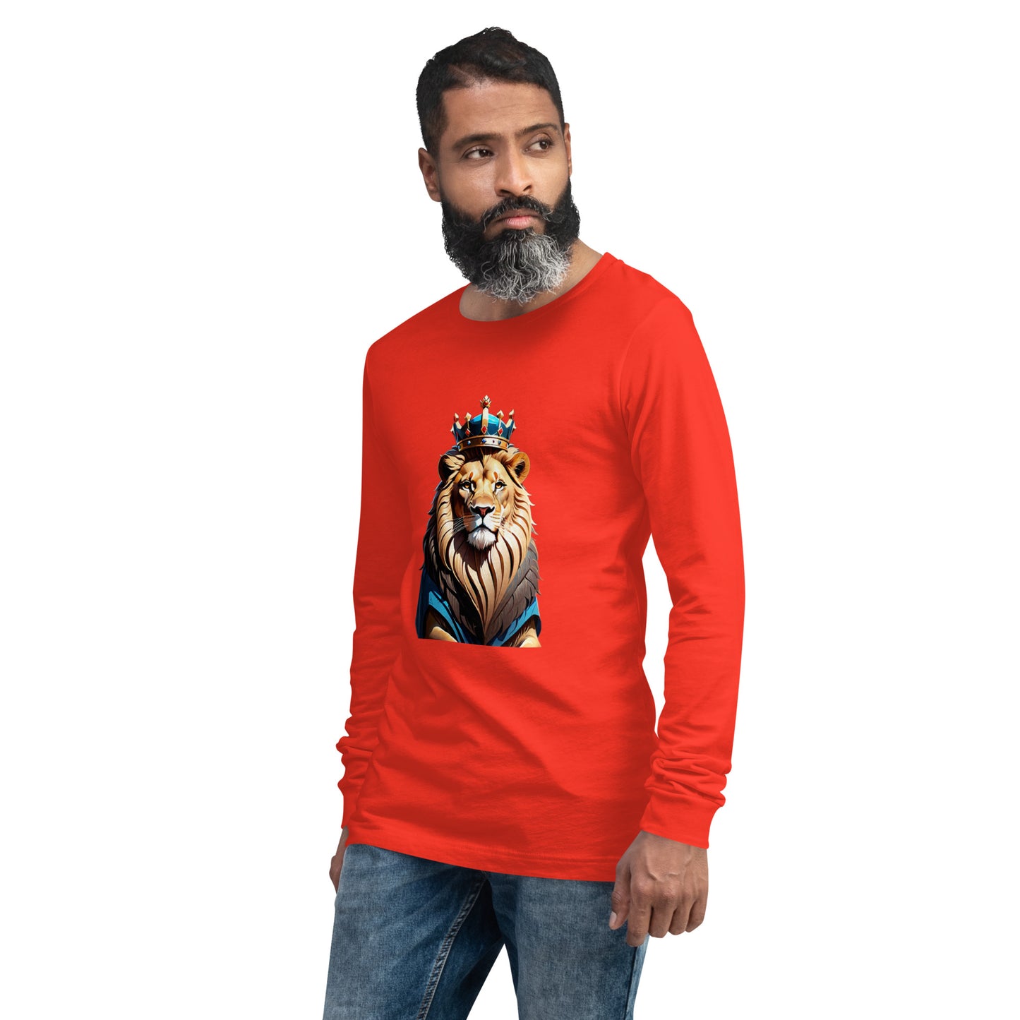 Unisex Long Sleeve Tee - Lion with Blue Attire and Crown