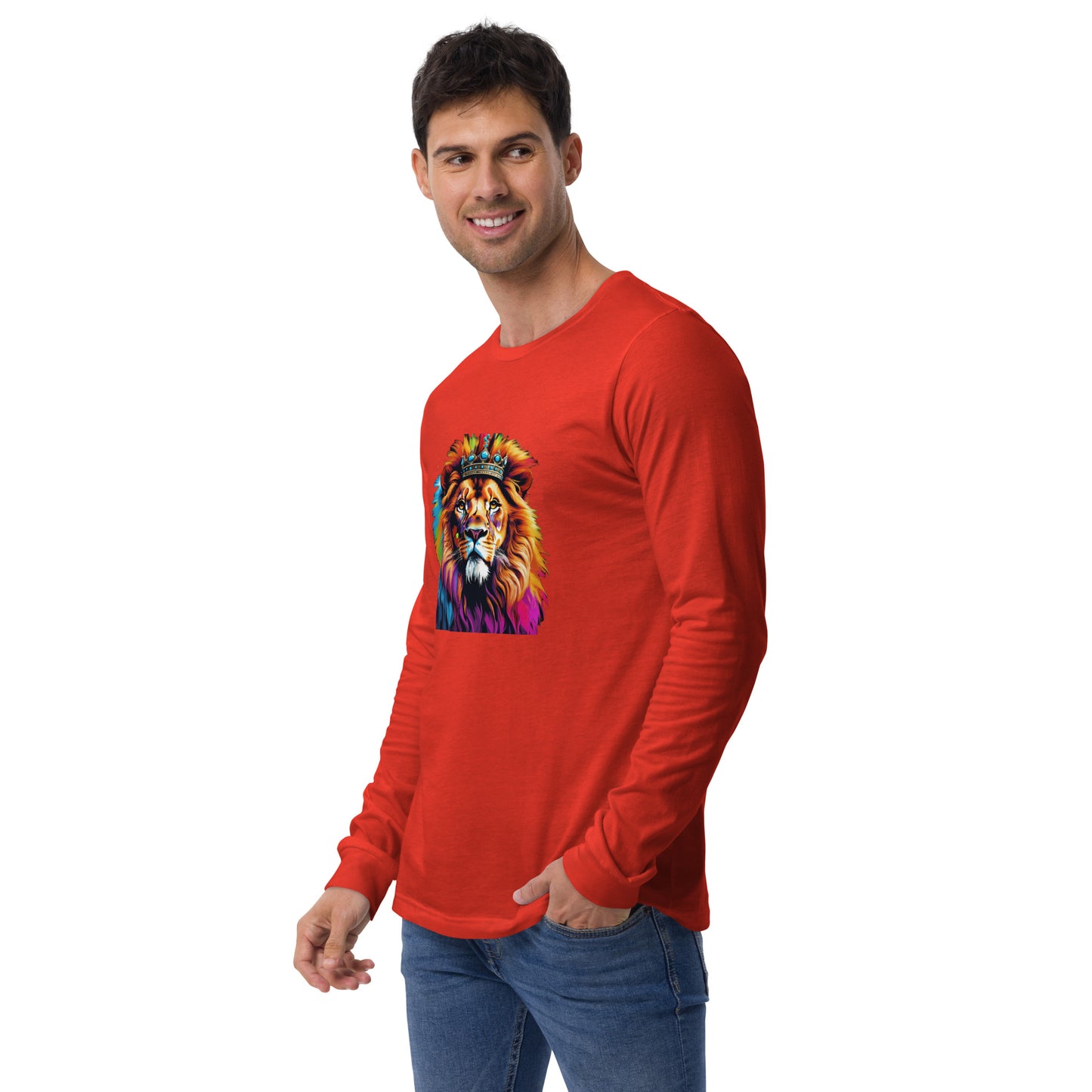 Unisex Long Sleeve Tee - Lion with Colorful Mane and Crown