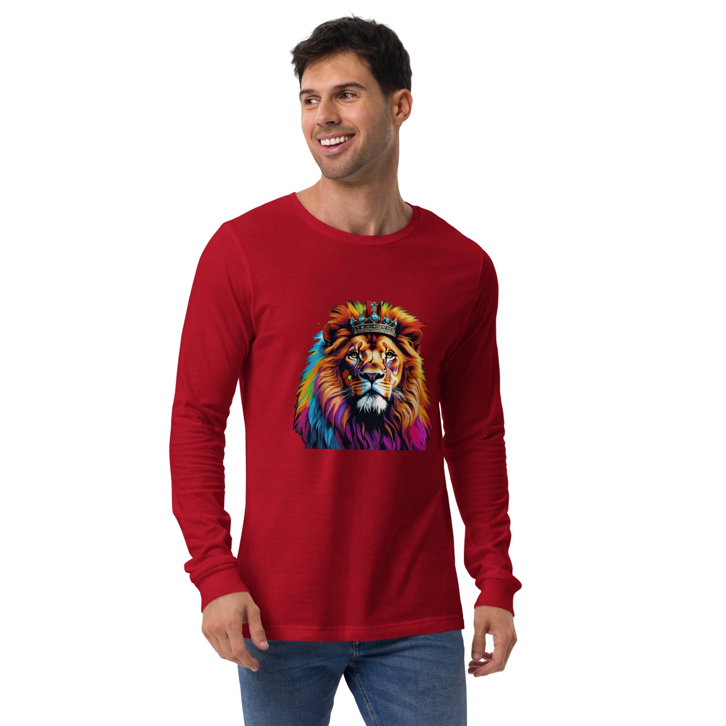 Unisex Long Sleeve Tee - Lion with Colorful Mane and Crown