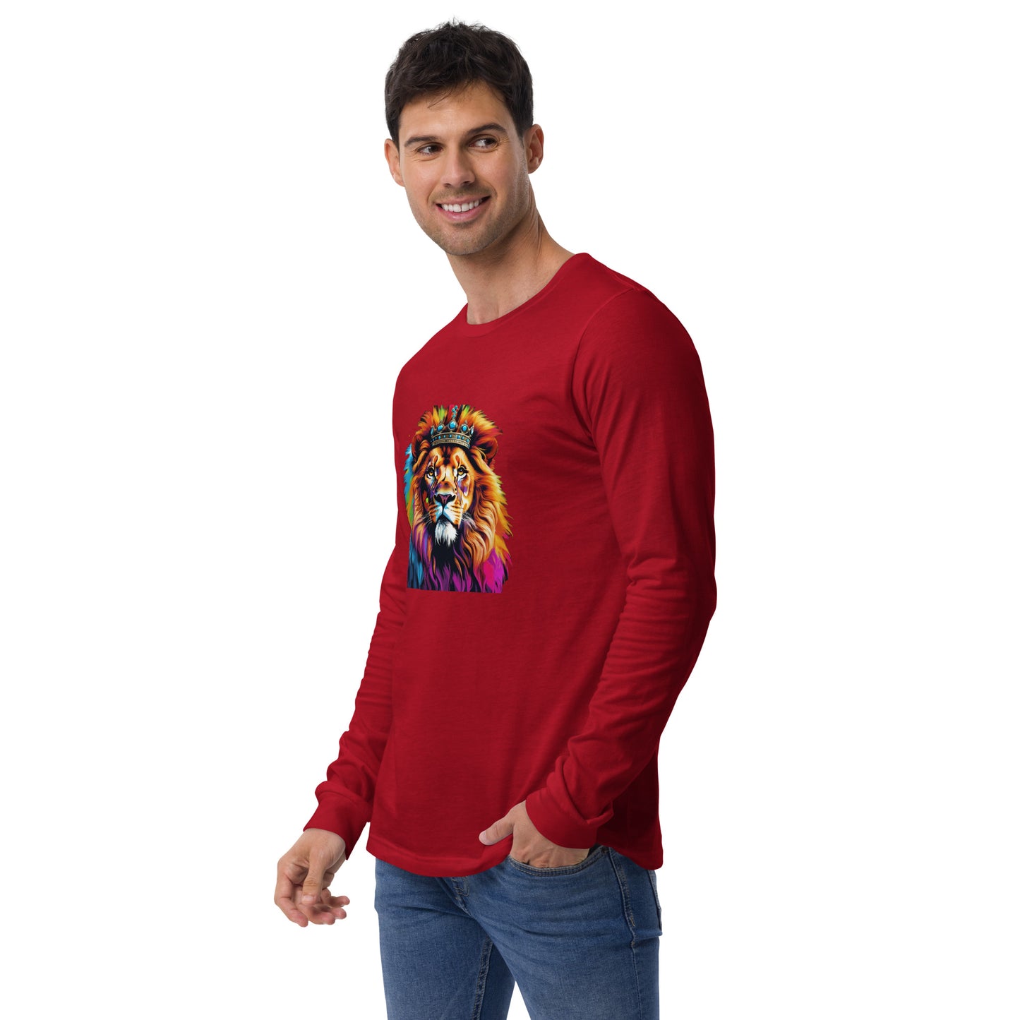 Unisex Long Sleeve Tee - Lion with Colorful Mane and Crown