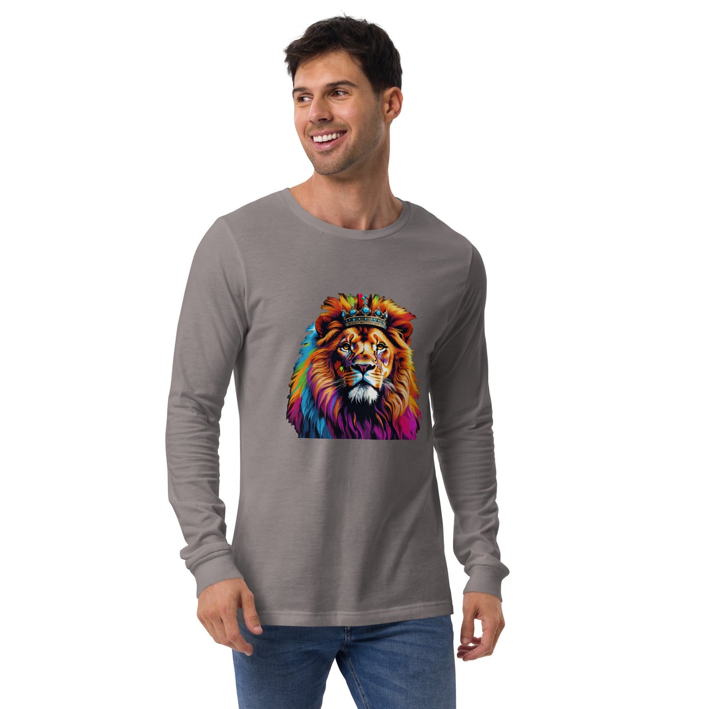 Unisex Long Sleeve Tee - Lion with Colorful Mane and Crown