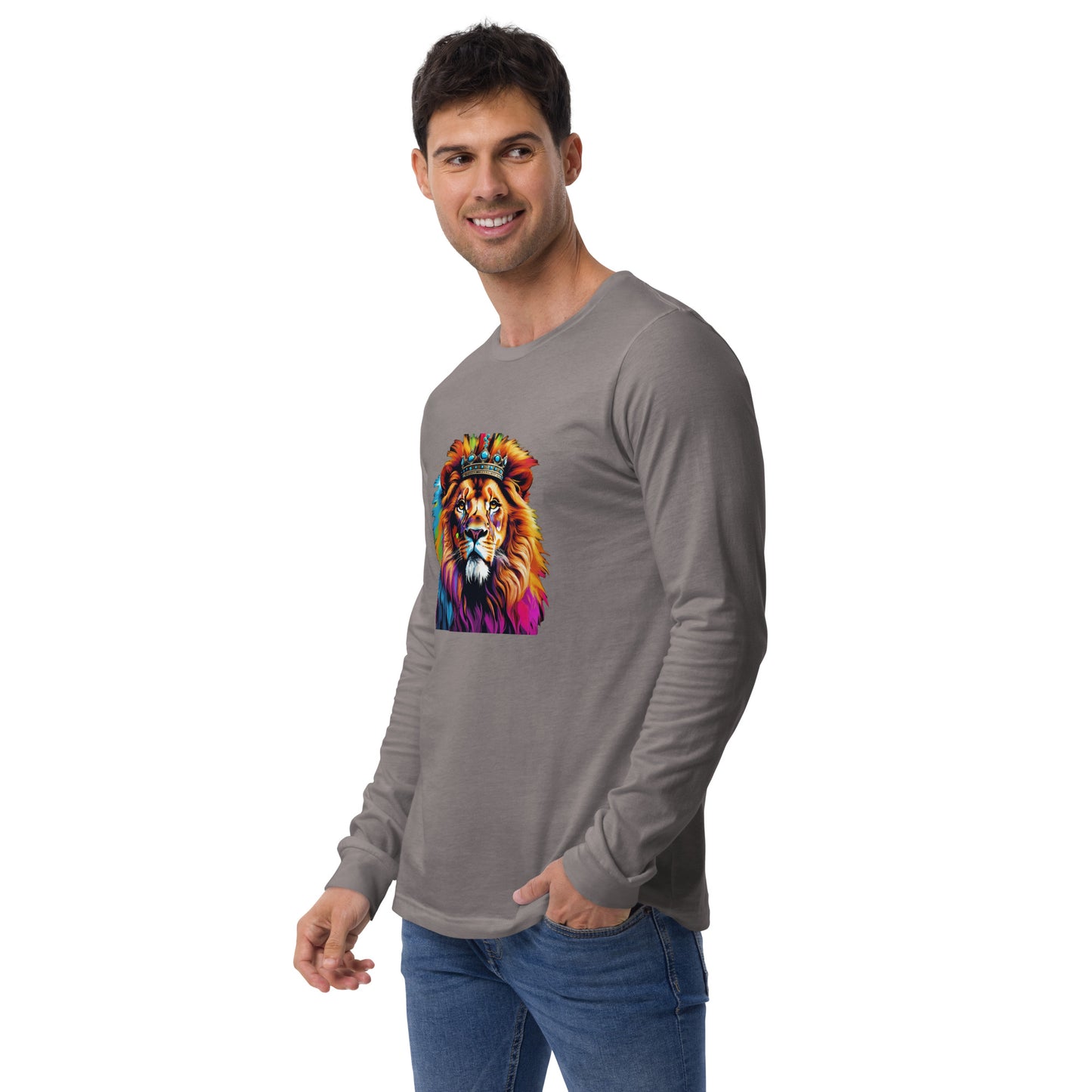 Unisex Long Sleeve Tee - Lion with Colorful Mane and Crown