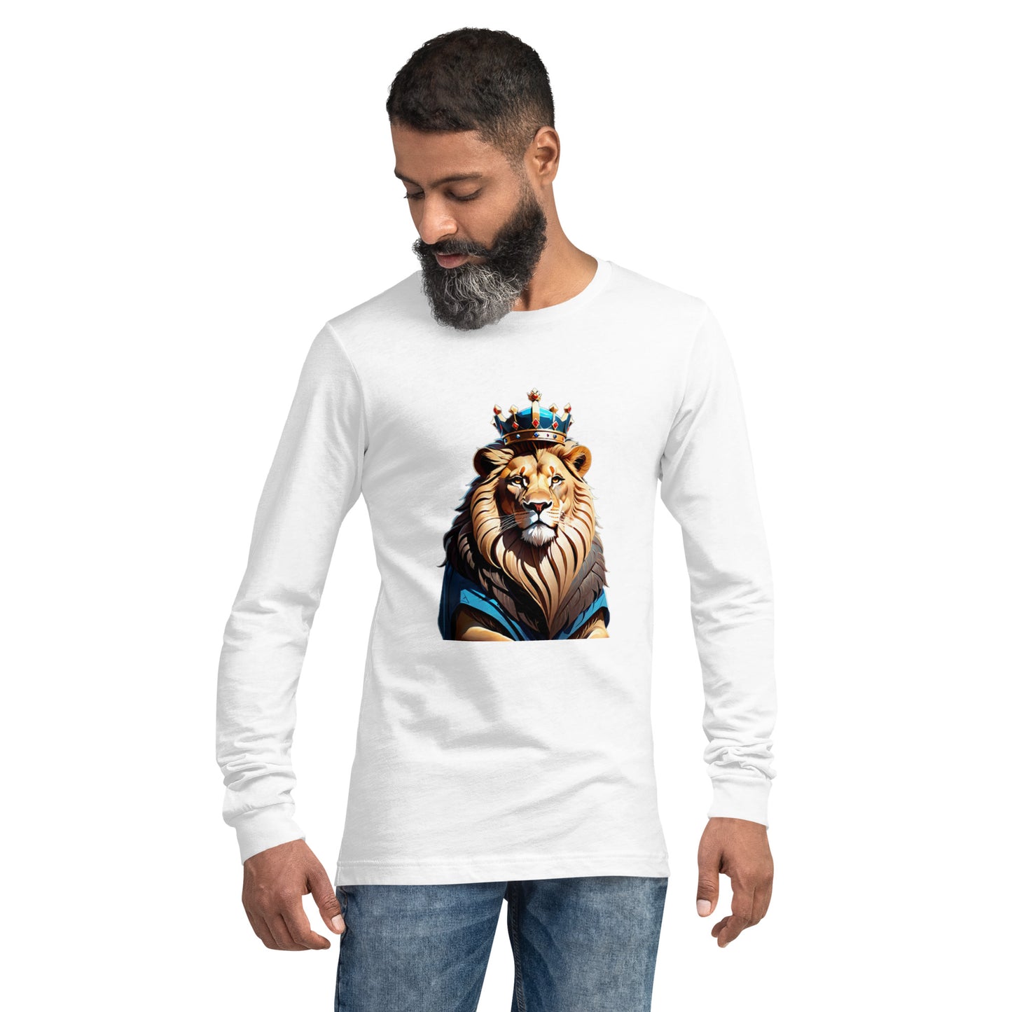 Unisex Long Sleeve Tee - Lion with Blue Attire and Crown