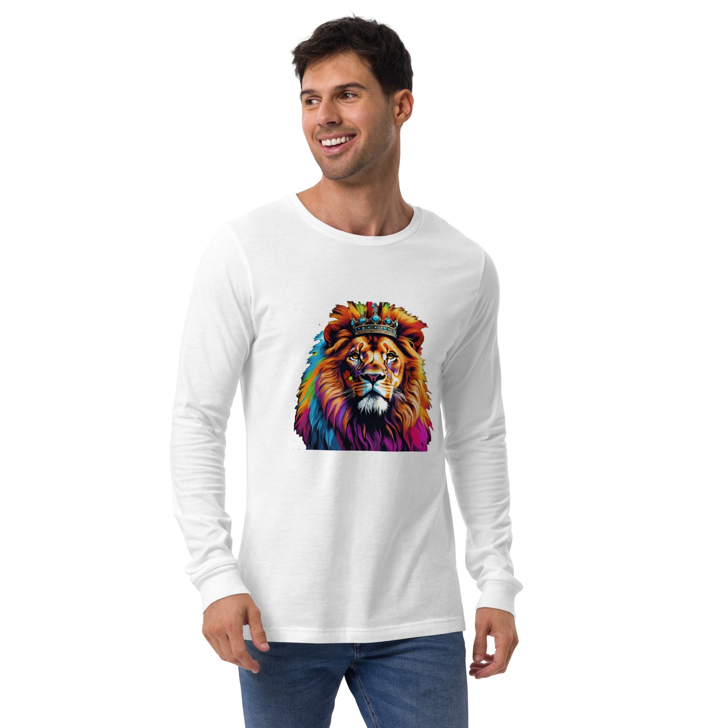 Unisex Long Sleeve Tee - Lion with Colorful Mane and Crown