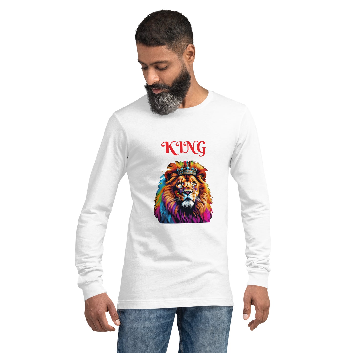 Unisex Long Sleeve Tee - "KING" Lion with Colorful Mane and Crown