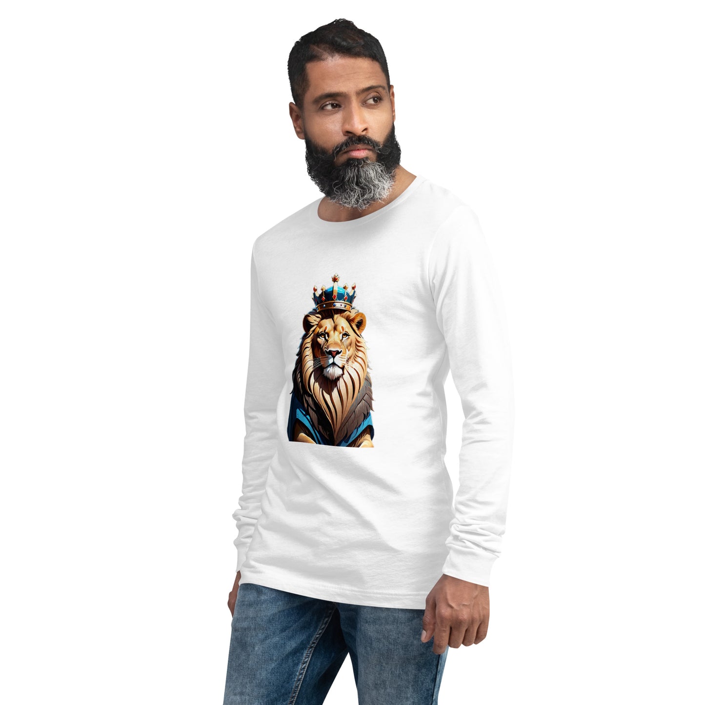 Unisex Long Sleeve Tee - Lion with Blue Attire and Crown