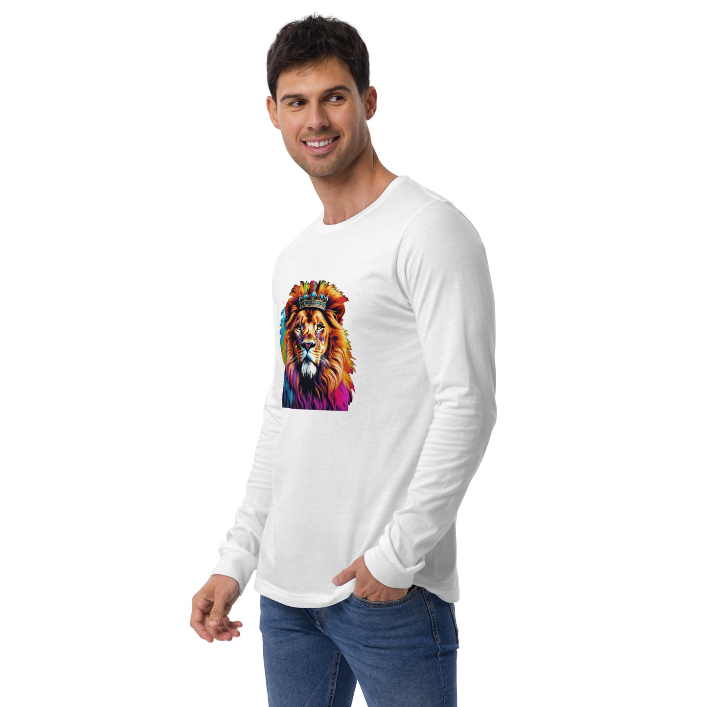 Unisex Long Sleeve Tee - Lion with Colorful Mane and Crown