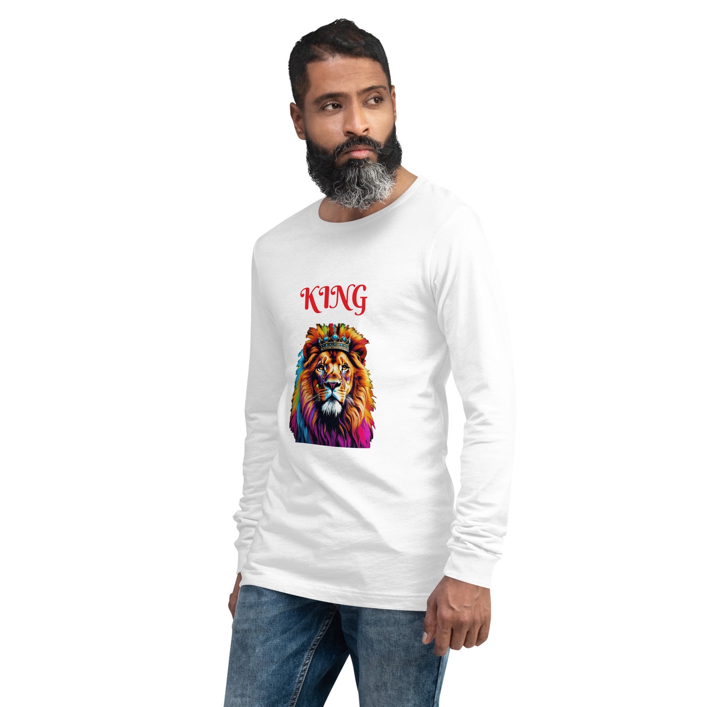 Unisex Long Sleeve Tee - "KING" Lion with Colorful Mane and Crown