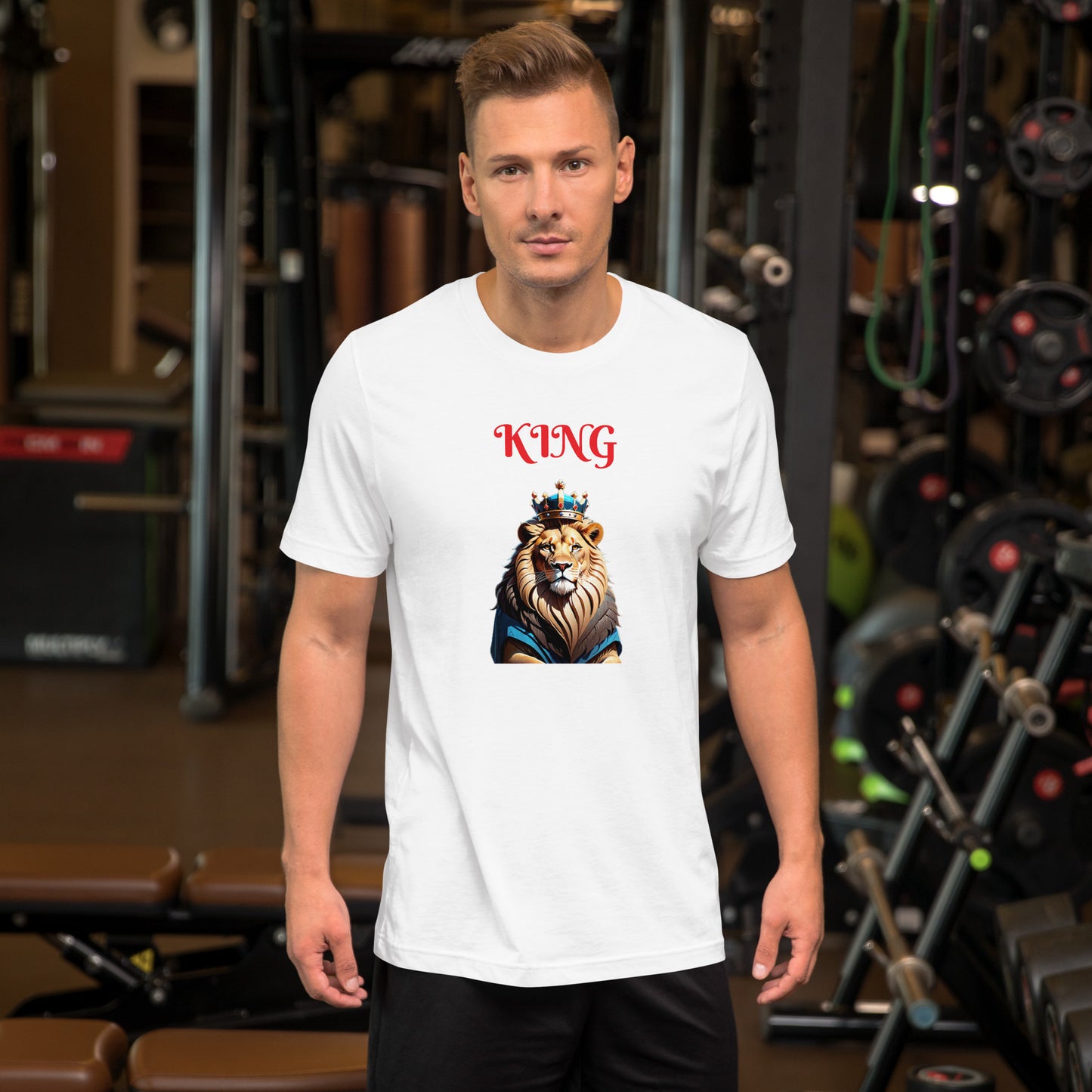 Unisex t-shirt - "KING" Lion with Blue Attire and Crown