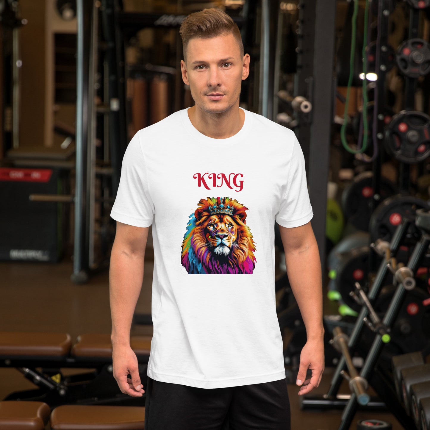 Unisex t-shirt - "KING" Lion with Colorful Mane and Crown