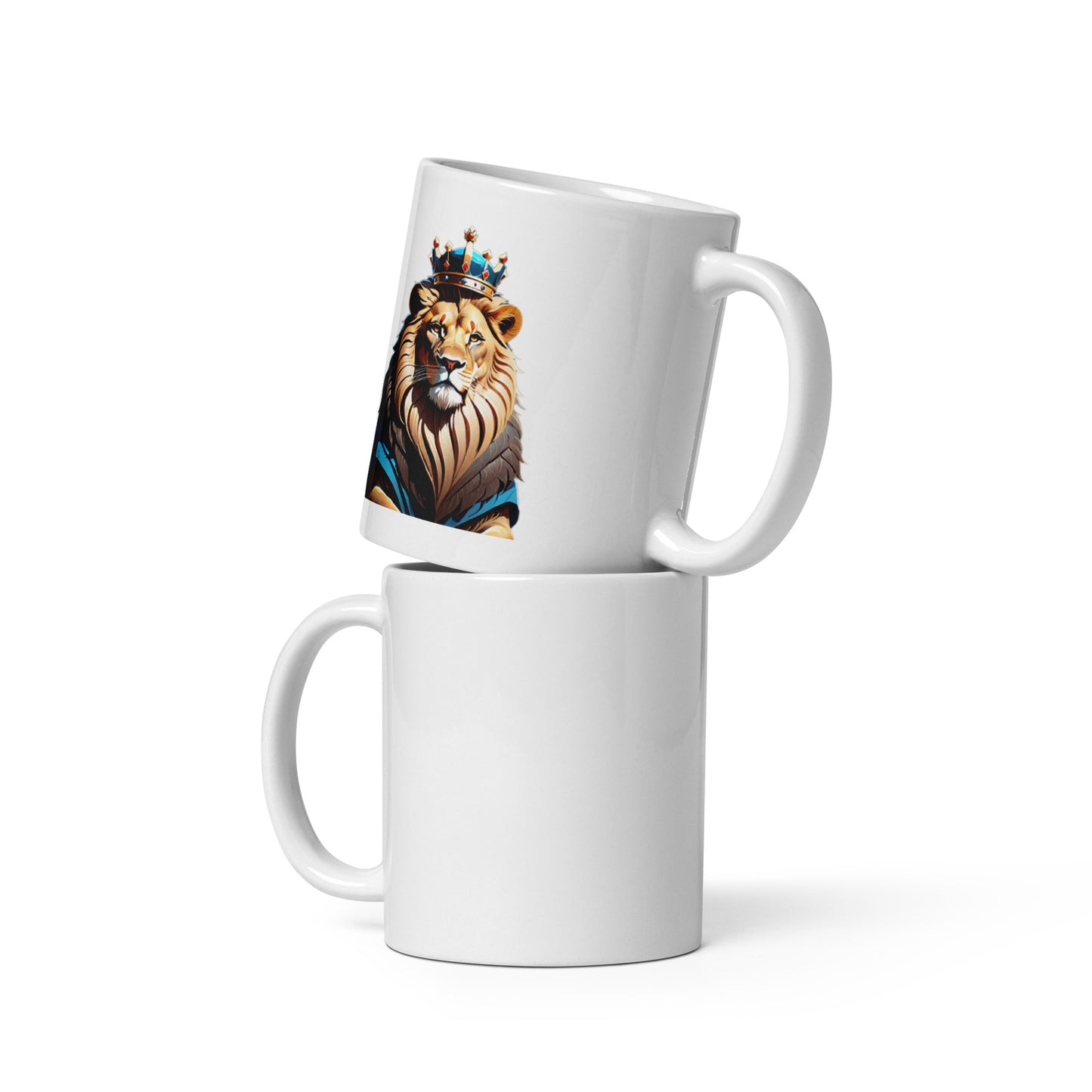 White glossy mug - Lion with Blue Attire and Crown