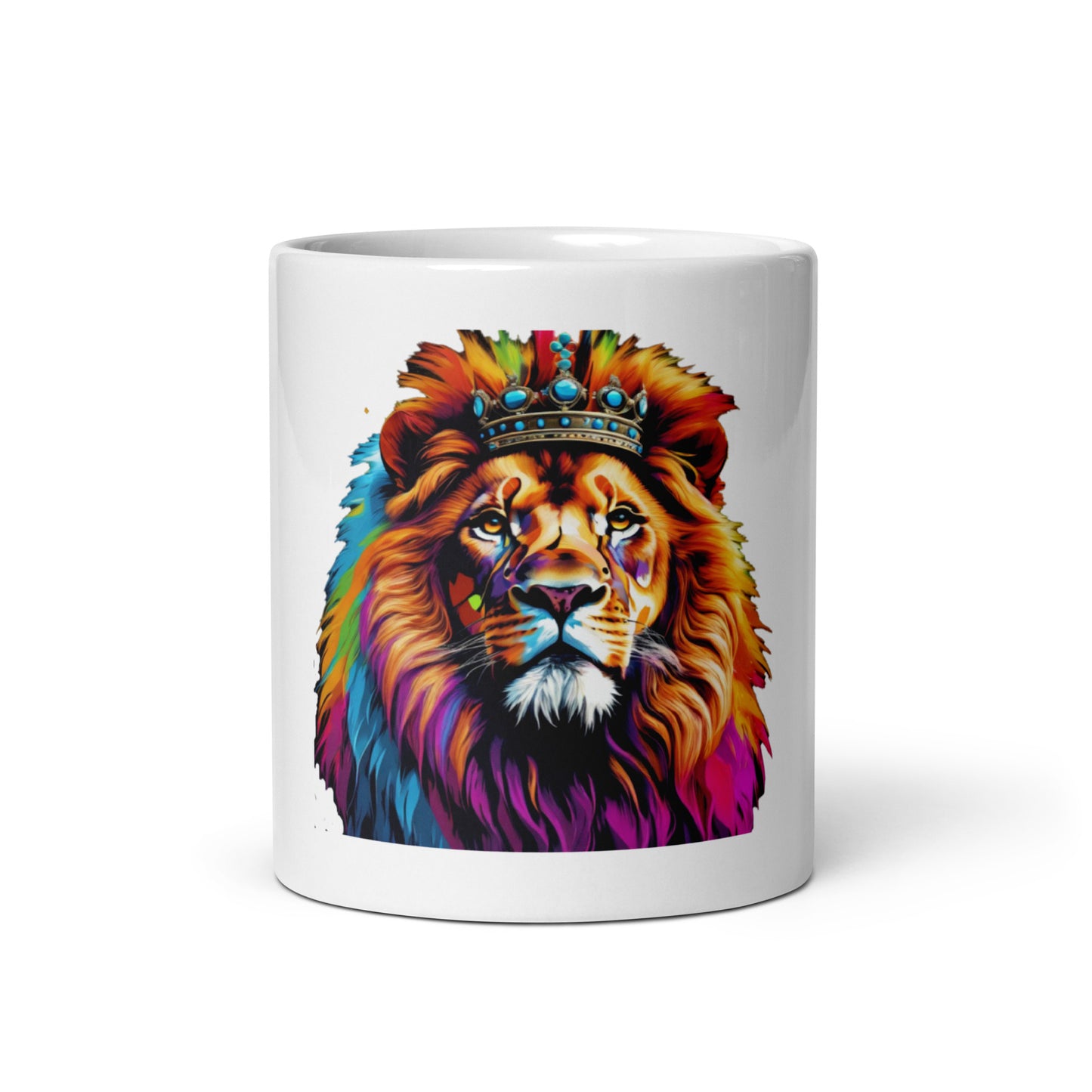 White glossy mug - Lion with Colorful Mane and Crown