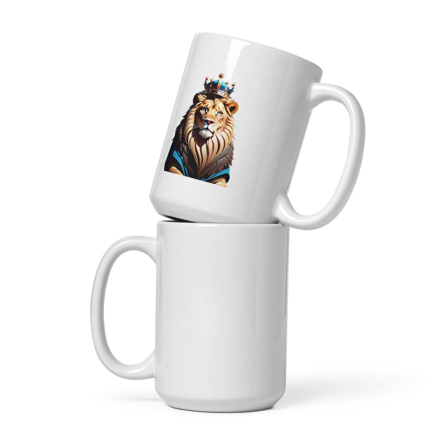 White glossy mug - Lion with Blue Attire and Crown