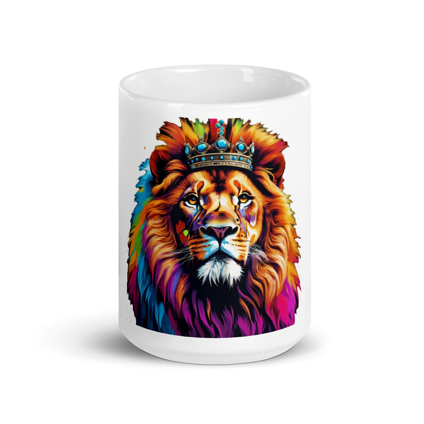 White glossy mug - Lion with Colorful Mane and Crown